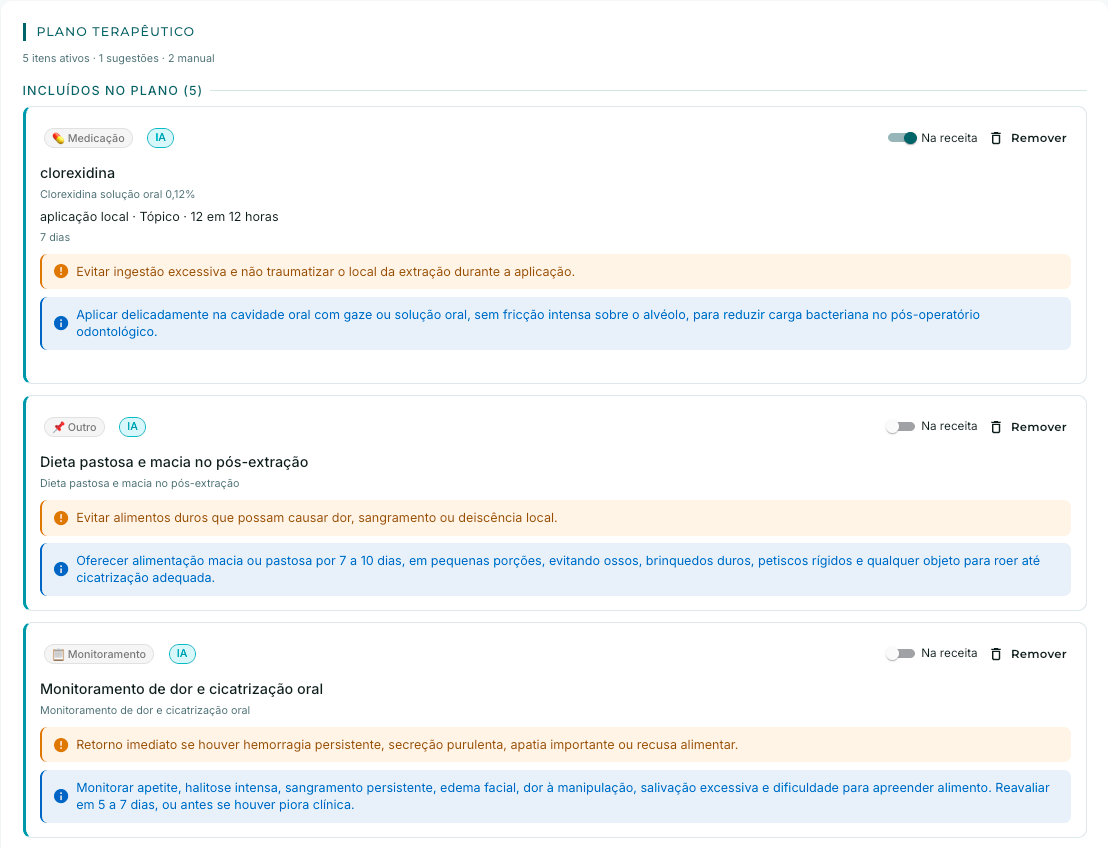 Plano terapêutico: a IA estrutura a receita e o sistema verifica antes de aprovar