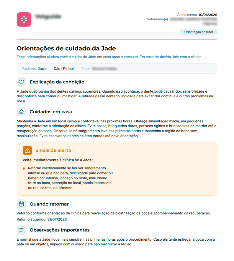 Detalhe ampliado: PDF de orientações de cuidado gerado para o tutor, com sinais de alerta e quando retornar